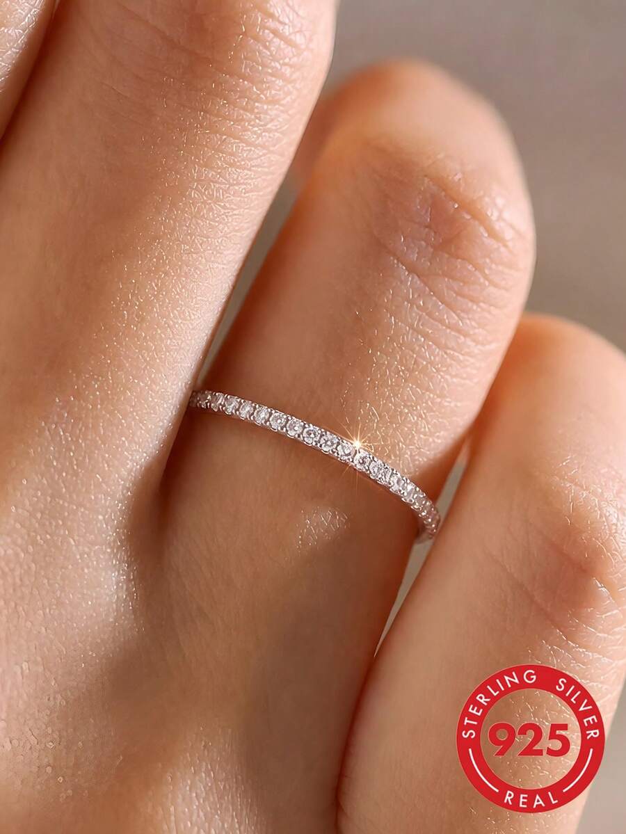 1 قطعة خاتم فضة إسترليني S925 بتصميم بسيط رفيع للنساء، حلقة أنيقة متعددة الاستخدامات رقيقة، أسلوب فاخر راقي، تصميم بسيط خالد، إكسسوار موضة قابل للتكديس للارتداء اليومي وتزيين الملابس - حلقة دائرية - مشاهدة 1