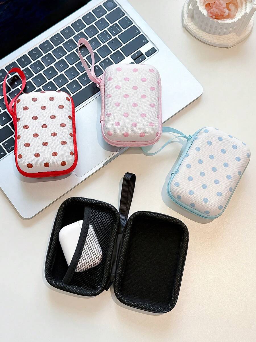 Cute Polka‑Dot Data Cable Storage Bag, Mobile Phone Charger, Large Capacity Portable Hard Disk, USB Drive, Wired Earphones, Power Bank Storage Box, Travel Power Cable Storage Bag, CCD Camera Bag, Protective Cover, Hard Shell Portable Box - Multicolor - View 1