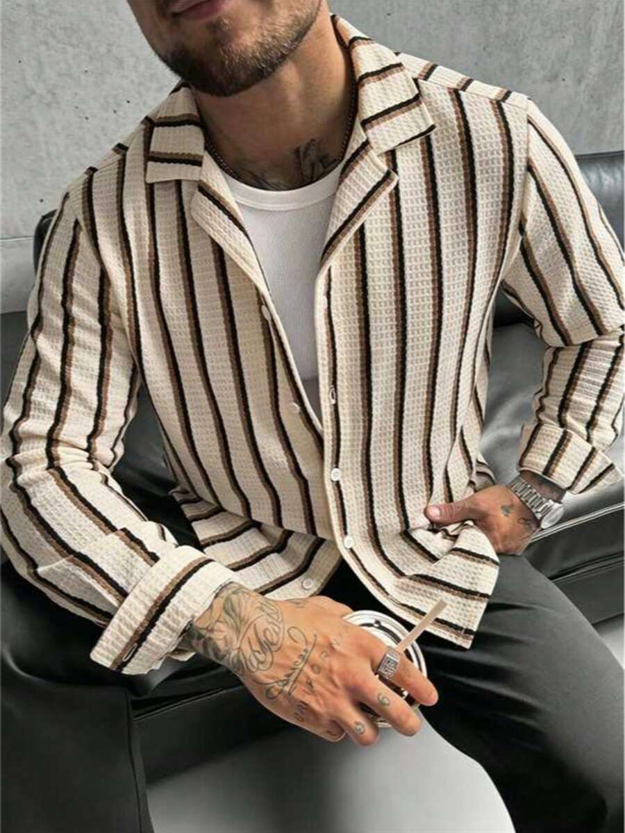 男士休閒直條紋紋理寬鬆版型黃色長袖襯衫上衣 - 杏色 - 查看 1