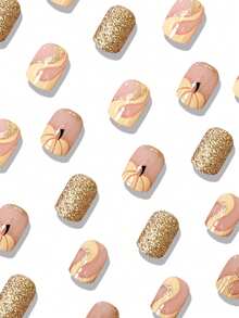 24pcs Cute Square Press On Fake Nails Gold Short Nail Pumpkin Sequin Nails Autumn Nails - Multicolor - View 2