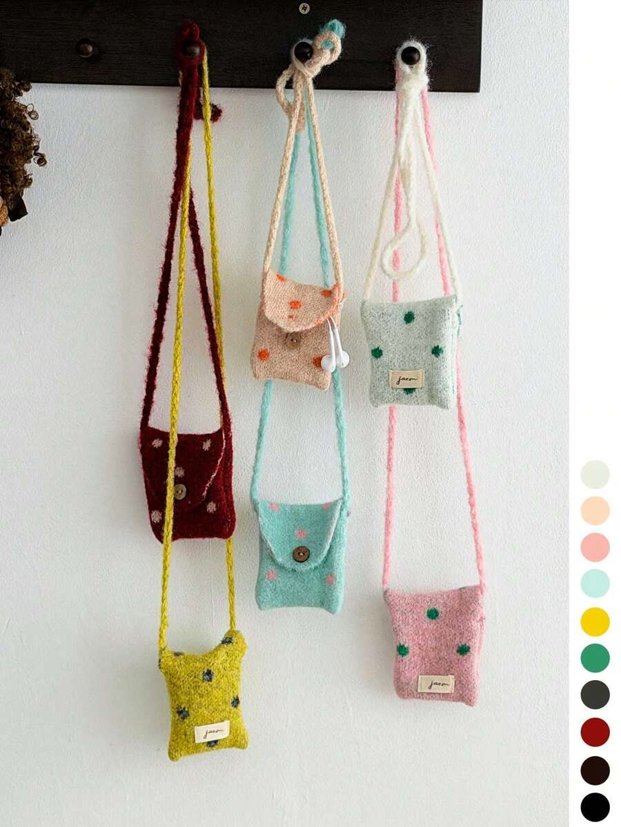 1pc Cute Plush Polka Dot Handmade Crochet Yarn Mini Crossbody Bag, Coin Purse, Earphone Bag For Women