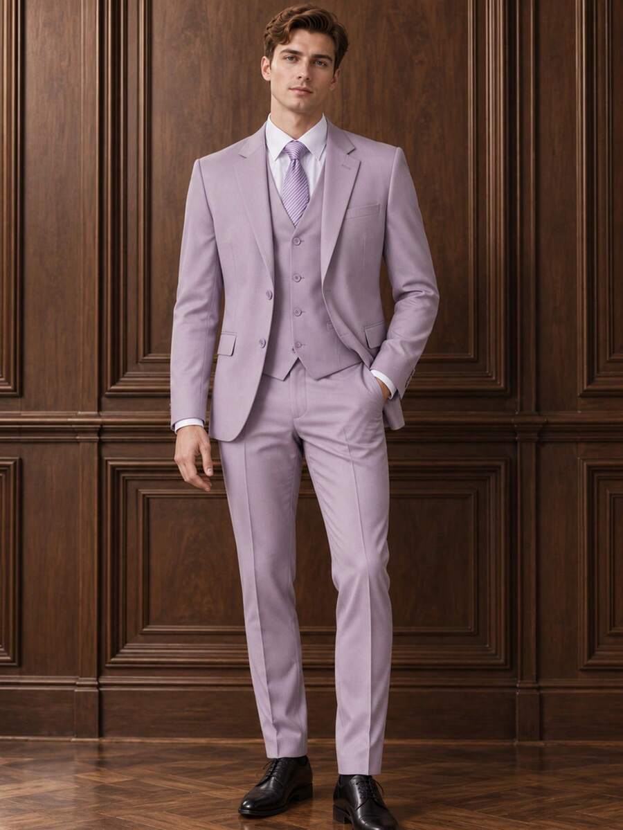 Men's Slim Fit Single-Breasted 3 PiecesSuit Set, Formal Business Wedding Suit, Blazer, Vest And Trousers, Suitable For Wedding Party And Office - Dusty Purple - View 1
