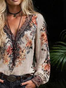 Women's Bohemian Print V-Neck Long Sleeve Blouse, Regular Fit Woven Fabric, Suitable For Autumn Wear Vacation - Light Khaki - View 5
