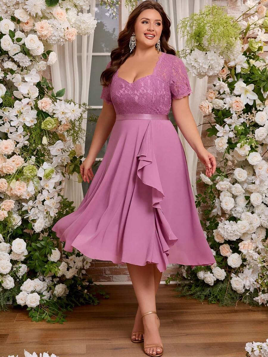 Plus Size Women's Elegant Romantic Flowy Chiffon Bridesmaid Dress, Suitable For Wedding Guests, Bridesmaids, Cocktail Parties, Graduation Ceremonies, Easter, Spring/Summer Wear