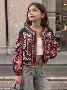 Tween Girl Floral Print Casual Daily Long Sleeve Jacket - Multicolor - View 2