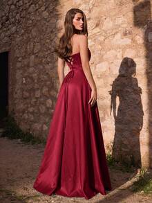 Faeriesty Women's Elegant Ruched Bodycon High Slit Evening Gown - Spring/Summer Formal Dress Fall Wedding Party - Burgundy - View 1