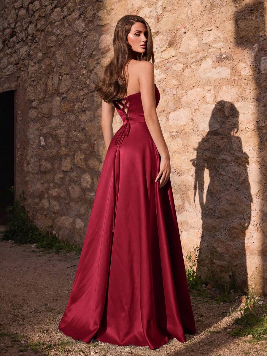 Faeriesty Women's Elegant Ruched Bodycon High Slit Evening Gown - Spring/Summer Formal Dress Fall Wedding Party - Burgundy - View 1
