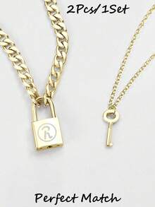 2pcs Women's Pendant Necklace Set, Fashionable Personalized Hip Hop Key Lock Pendant Necklace, Couple Necklace, Daily Party Matching - Silver - View 9