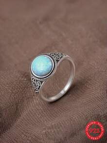 S925 Sterling Silver Vintage Scroll Pattern Opal Ring, Distressed Carved Iridescent Australian Opal Niche Women's Finger Ring Accessory - Silver - View 6