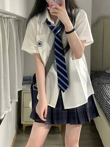 Women's Classic JK Striped Tie-Free Collar, School Style, Dark Blue DK Uniform Shirt, Japanese Basic Style, Korean Version, Daily Accessory - Multicolor - View 3