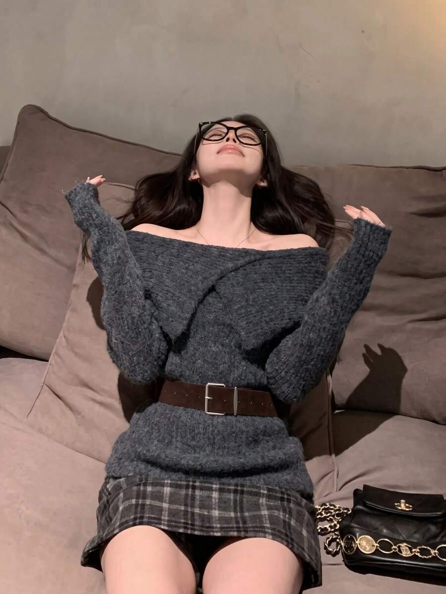 French Lazy Style Off Shoulder Collar Sweater Women Autumn Winter Belt Waist Loose Knit Top - Grey - View 1