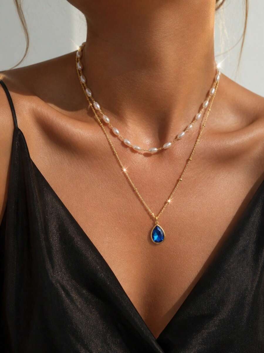 VceTd 2PCS Romantic Elegant Stainless Steel Women's Necklace Set With White Rice Bead Chain And Blue Teardrop Pendant, Suitable For Daily Wear, Dating Or Holiday Gift - Yellow Gold - View 1