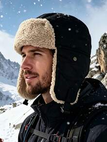 1pc European & American Men's Warm Trapper Hat, Winter Hiking Cold-Proof Ear Protection Hat, Knitted Hat, Fleece Lined Windproof Ski Hat - A - View 2