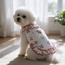 1 chiếc áo tank top sát nách cho thú cưng in họa tiết anh đào dễ thương, trang trí nơ lưới và bướm, viền bèo nhún, vải gân mềm, áo vest mùa hè cho chó mèo nhỏ - trắng - Xem 6