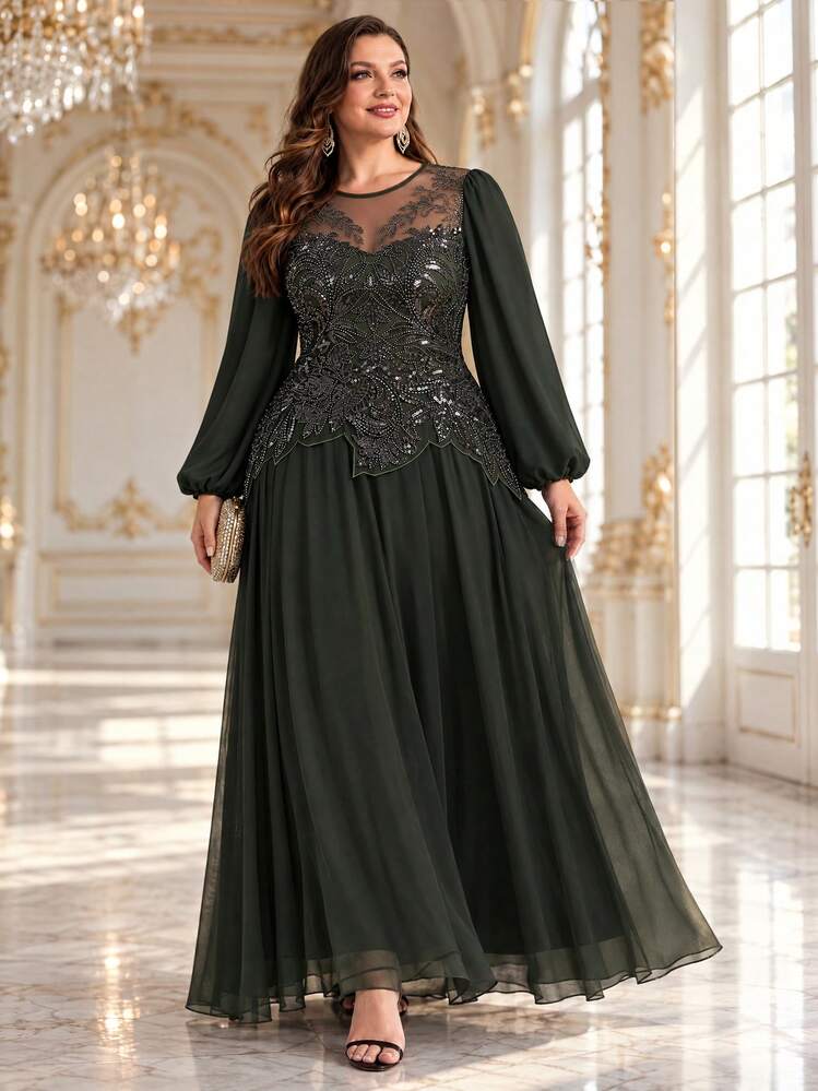 EVERPRETTY Autumn Plus Size Luxury Elegant Heavy Beaded Embroidery Long Sleeve Olive Green Formal Evening Gown Suitable For Evening Party Formal Occasion Anniversary - Olive Green - View 1