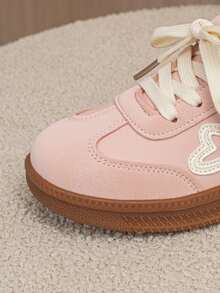 Kids Girls Sneakers, Hook‑Loop Closure German Training Shoes, Sweet Double‑Heart Bow, Breathable Upper, Thickened Insole, Wide Fit School Shoes - Pink - View 7