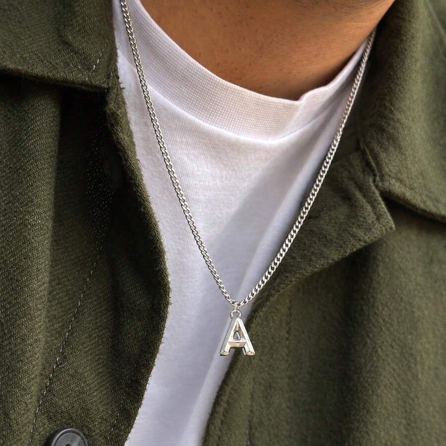 1 buah Kalung Rantai Liontin Huruf Awal Klasik Stainless Steel untuk Pria - Perak - View 1