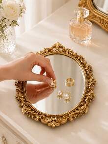 Vintage Gold Oval Mirror Jewelry Tray, Baroque Carved Vanity Storage Dish, Suitable For Rings, Earrings, Necklaces And Bracelets Storage, Vanity And Bathroom Countertop Decor - Multicolor - View 4