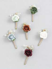 6Pcs Wedding Boutonniere For Groom And Groomsmen, Artificial PE Rose Lapel Pin ,Rustic Twine Wrapped Corsage For Wedding, Prom, Formal Party - Multicolor - View 4