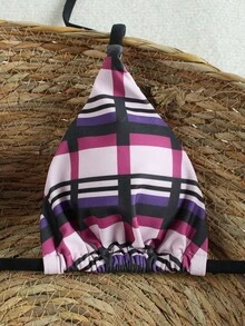 Women's Purple Plaid Halter Triangle Bikini 2 Pieces Set, High Cut Design, Suitable For Summer Beach And Pool Vacation - Multicolor - View 4