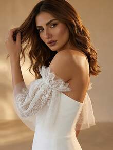 1 Pair White Eyelash Lace Short Flare Sleeve Cuffs, Detachable Bridal Wedding Dress Bubble Sleeves Accessories - White - View 3
