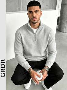 GRDR Men's Casual Long Sleeve Half-Zip Sweater, Versatile Everyday Wear Knit Top - Light Grey - View 11