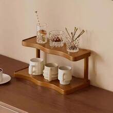 2‑Tier Wooden Cup Holder Organizer, Wavy Edge Desktop Storage Rack For Mugs, Glasses, Coffee Cups, Multifunctional Countertop Display Shelf For Kitchen & Home Decor - View 1