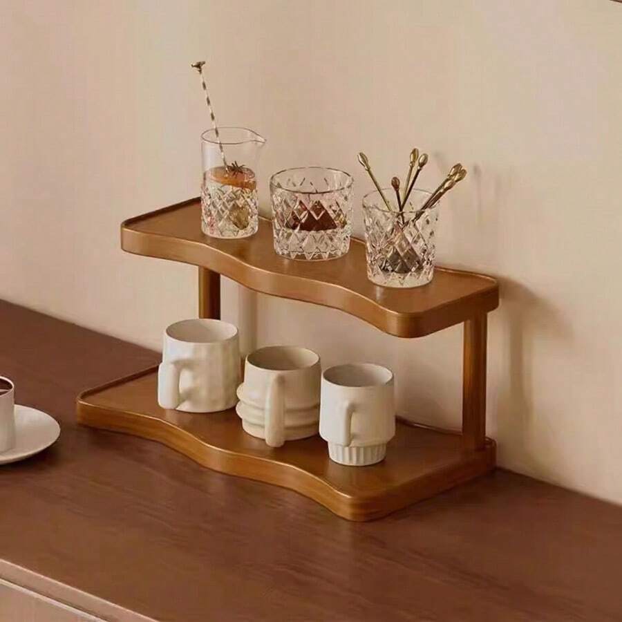 2‑Tier Wooden Cup Holder Organizer, Wavy Edge Desktop Storage Rack For Mugs, Glasses, Coffee Cups, Multifunctional Countertop Display Shelf For Kitchen & Home Decor - View 1