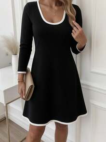 Women's Long-Sleeved Round-Neck Viscose Two-Thread Dress, 30091 - Black - View 3