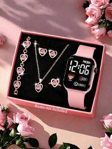 6pcs/Pink Heart-Shaped Full Jewelry Set + Astronaut/Rocket Digital Display Electronic Watch Complete Set, Sweet And Energetic, Versatile For Students And Daily Commute, One Set To Complete Your Outfit Accessories. Suitable For Parties, Dates, Outings And Various Holidays - Multicolor - View 5