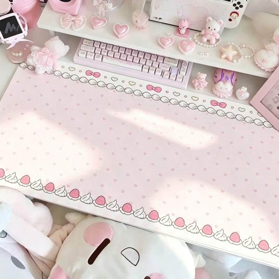 Cream Pink Korean Ins Bow Strawberry Kawaii PU Leather Mousepad Office Desk Mat Mouse Pad Computer Speed Type Carpet Mat Player Laptop Keyboard Cartoon - View 1