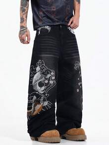 Justice Brother 1pc American Street Style Brand Personalized Patchwork Snake Print Design Embroidered Men's Black Denim Jeans All-Season Versatile Loose Comfortable Wide Leg Pants (Belt/Accessories Not Included) - Black - View 1