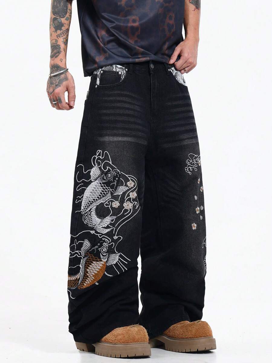 Justice Brother 1pc American Street Style Brand Personalized Patchwork Snake Print Design Embroidered Men's Black Denim Jeans All-Season Versatile Loose Comfortable Wide Leg Pants (Belt/Accessories Not Included) - Black - View 1
