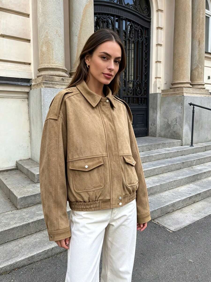 DEEKA Autumn/Winter New Women's Fashion Casual Suede Texture Bomber Jacket - Brown - View 1