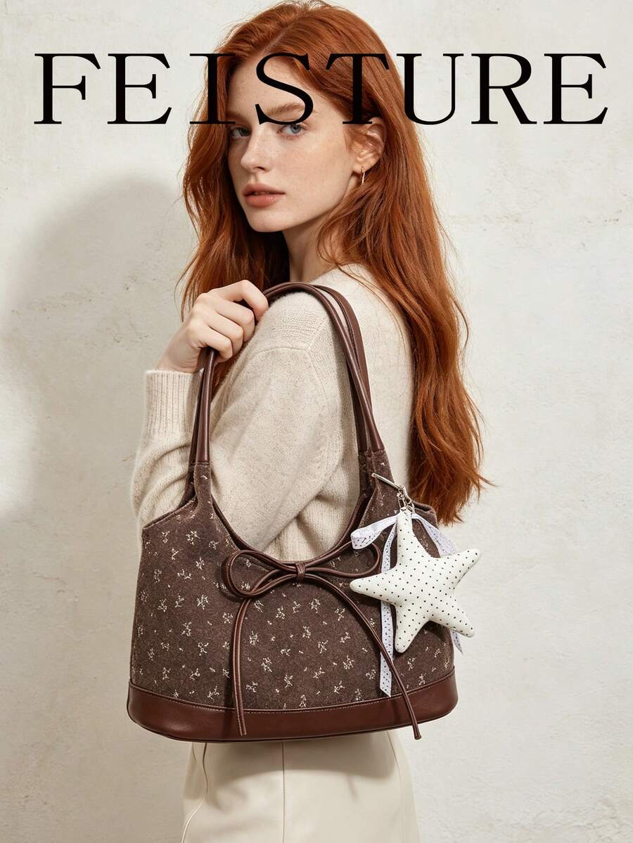 FEISTURE 1件裝女款印花繫帶手提包，時尚吊飾單肩包，適合女孩、女性、大學生、職場新人與白領上班族，適用於工作、商務、通勤、上學