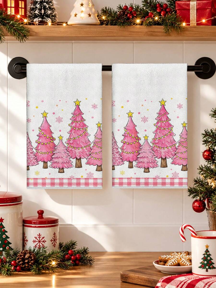 2pcs Set Christmas Kitchen Towels, Pink Watercolor Hand-Painted Christmas Tree, Yellow Star String Lights, Pink Plaid Winter Snowflake, Sweet Girly Style, Pastel Holiday Home Decor, Absorbent Hand Towels - Multicolor - View 1