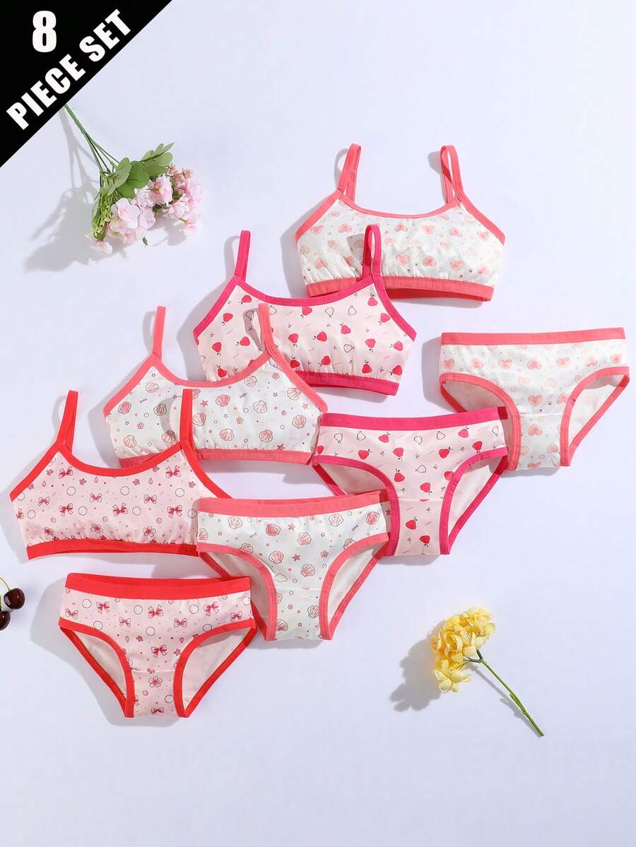 8件組女童內衣套裝 粉色貝殼愛心印花 彈性透氣 女童背心與三角內褲套裝 - 彩色 - 查看 1