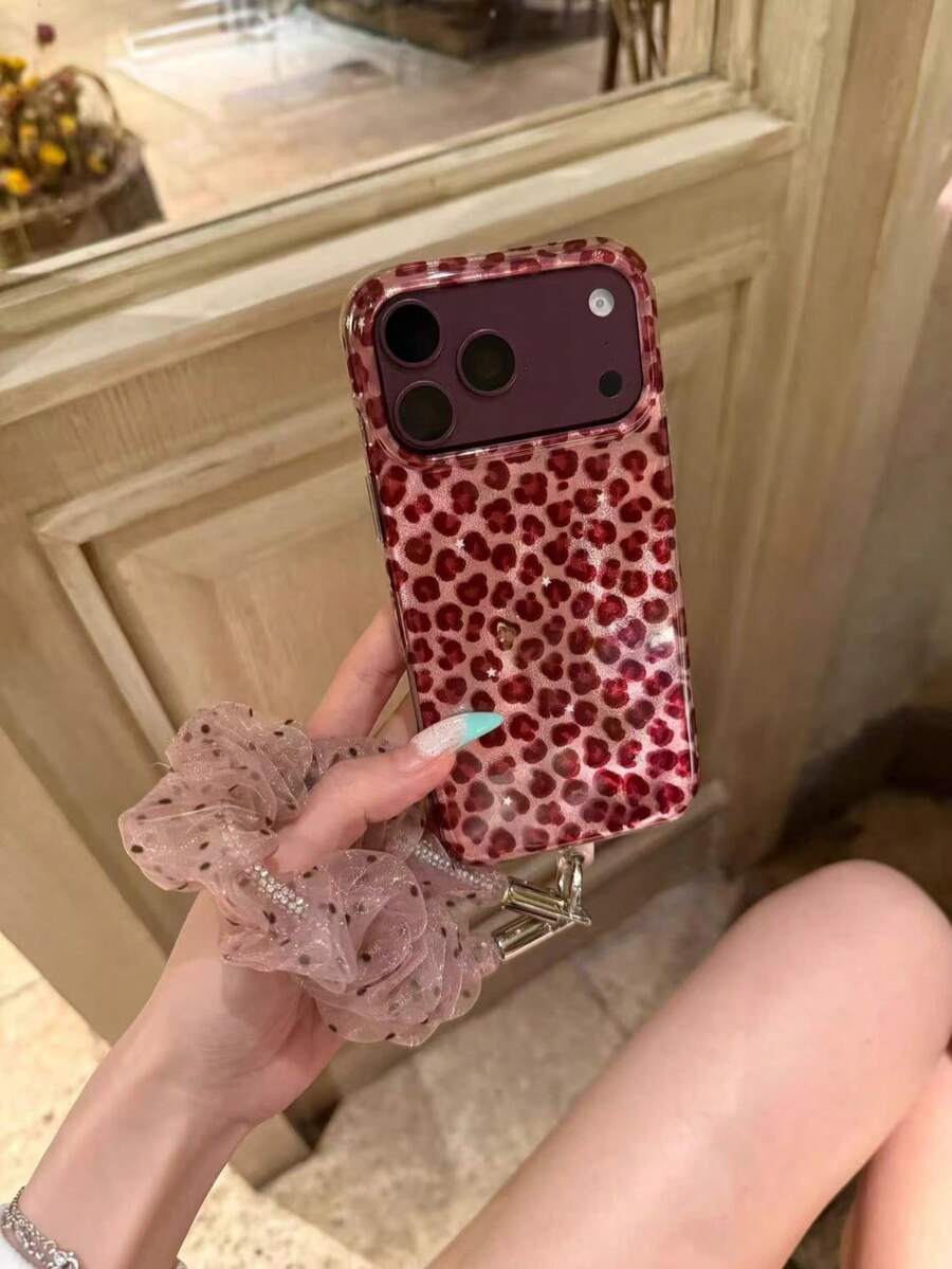 Korean Style Ins Star Cherry Red Leopard Print Phone Case Compatible With Iphone 18 Pro Max, 17 Pro Max, 15, 16 Pro, 17 Pro, Full Coverage Shockproof Phone Cover With Lanyard - Multicolor - View 1