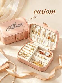 Customization Personalized Minimalist Style Rectangle Jewelry Box, Custom Name Design,Multi Compartment Storage Case For Rings Earrings Necklaces Watch,Portable Travel Jewellery Organizer,Gift For Birthday Bridesmaid Wedding Christmas Gifts - Multicolor - View 7