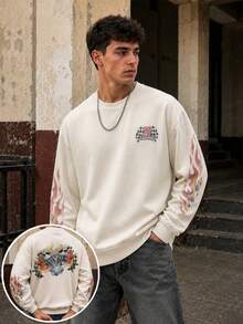 FRACTYR Men's Beige Crew Neck Sweatshirt, Motorcycle Engine Flame Checkered Flag Print Loose Streetwear Pullover, Casual Street Style Spring Autumn Top - Apricot - View 1
