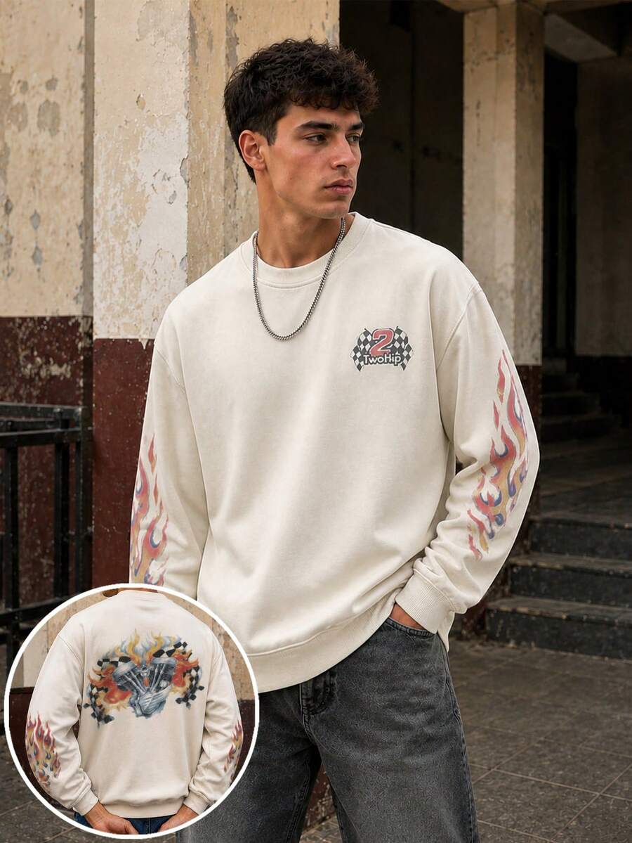 FRACTYR Men's Beige Crew Neck Sweatshirt, Motorcycle Engine Flame Checkered Flag Print Loose Streetwear Pullover, Casual Street Style Spring Autumn Top - Apricot - View 1