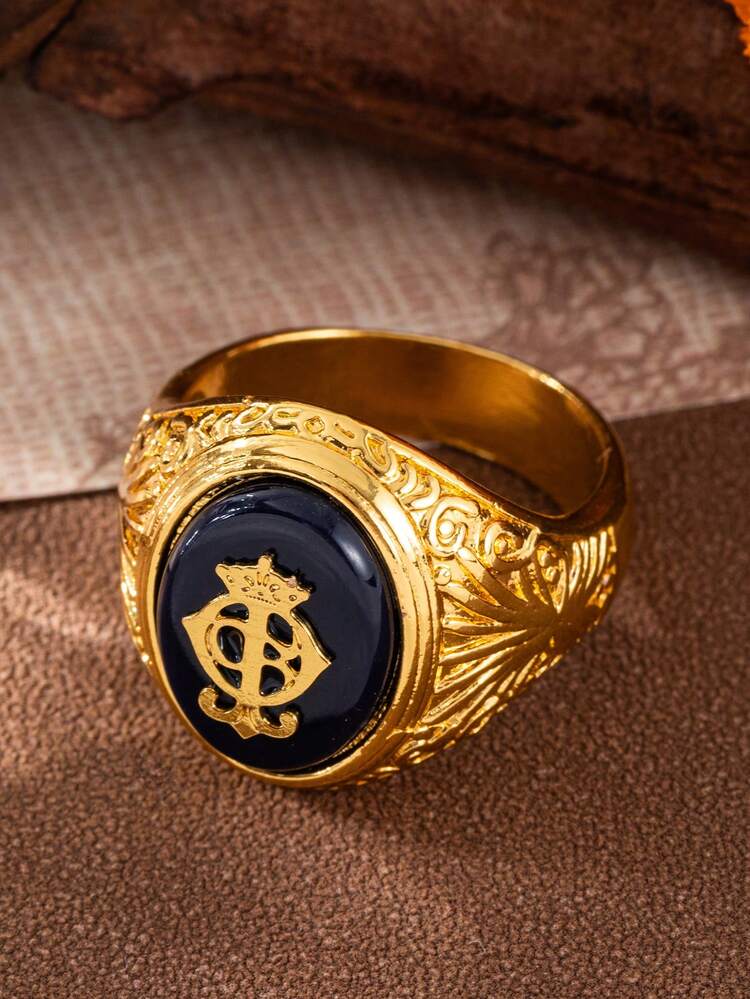 1pc Business Men's Fashion Personalized Crown Blue Ring, Wedding Engagement Party Jewelry Gift - Gold - View 2