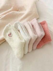 1/5/10 Pairs Thick Warm Winter Women's Pink Heart Pattern Socks - Multicolor - View 5