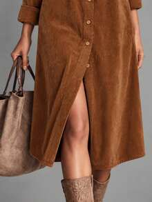 Women's Corduroy Straight Single-Breasted Casual Dress - Brown - View 6
