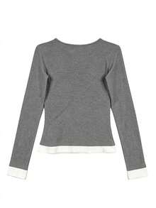 韓系秋季新款修身性感半鈕扣 2 合 1 修身百搭長袖女款 T-Shirt 上衣 - 深灰色 - 查看 2