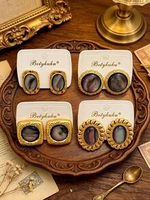 2pcs European And American Fashion Old Money Gold Tiger Eye Laser White Shell Premium Earrings - Aurora - View 3