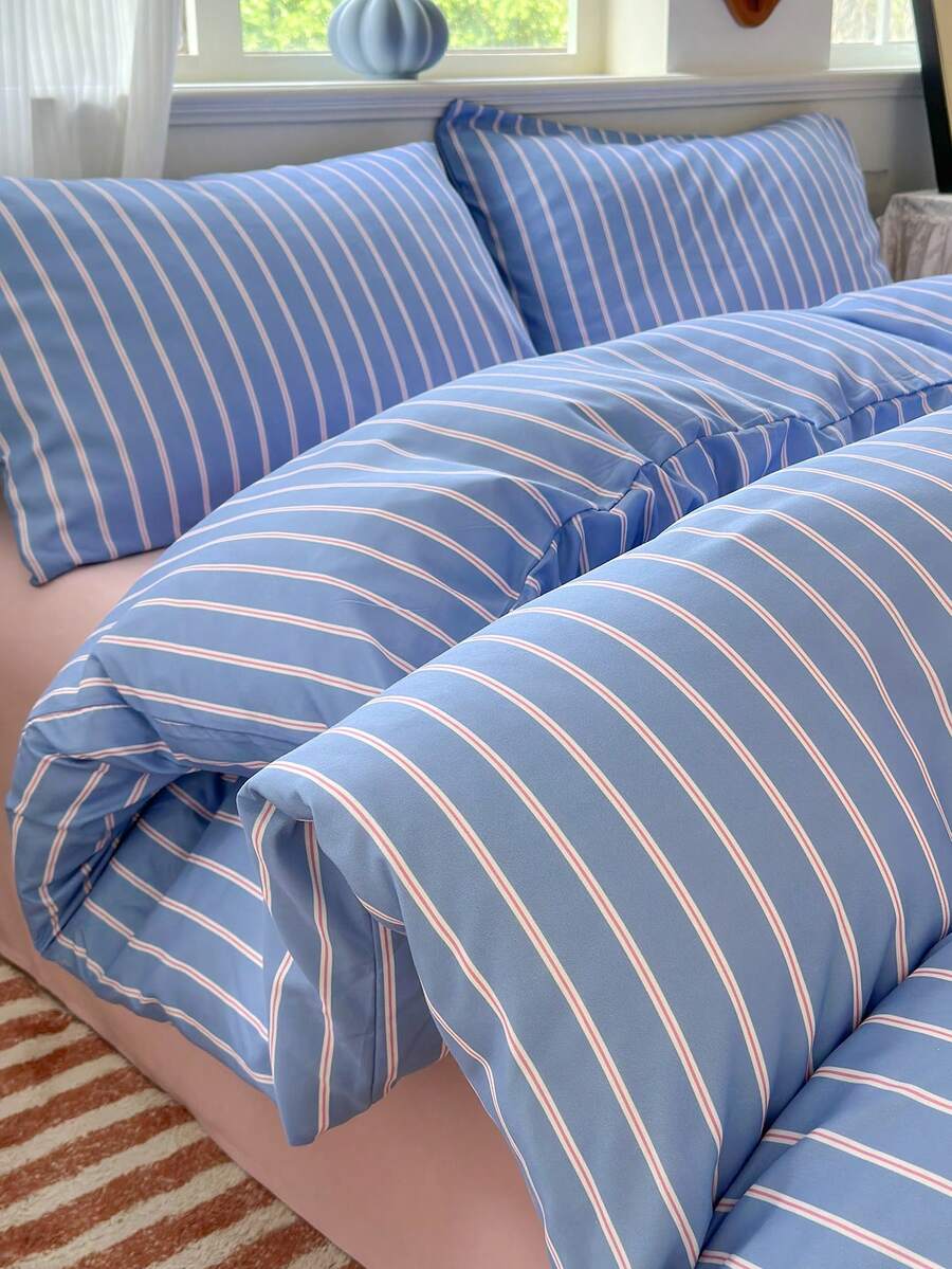 3pcs 100% Polyester Back To School Nordic Minimalist Striped Duvet Set 2 Pillowcases + 1 Duvet Cover Set Combination (No Bed Sheet)