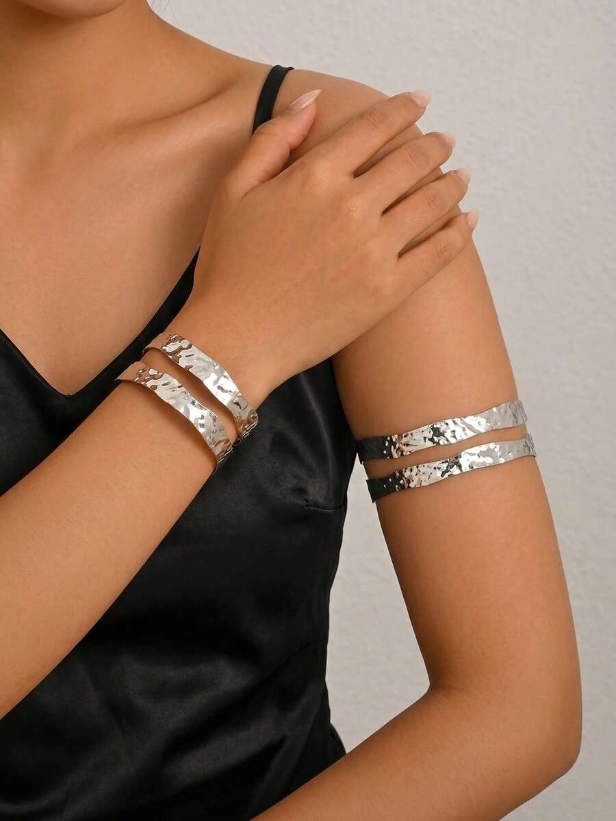 1 Set 2pcs Minimalist Unique Asymmetric Double Layer Open Cuff Bracelet Armlet Jewelry Set, Smooth Adjustable, Suitable For Women's Daily, Vacation, Party Wear - Silver - View 1