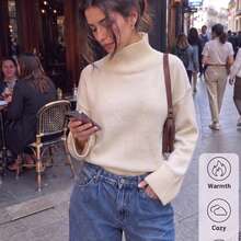 Women's Solid Color High Neck Knitted Sweater, Drop Shoulder Long Sleeve Pullover, Minimalist Aesthetic Loose Fit, Suitable For Daily Wear, Dating, Street Style, Weekend Outings - Off-white - View 5