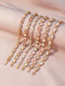 Multicolor Gemstone Bracelet - Rectangle/Round/Teardrop Rhinestone Jewelry, Suitable For Sweet Casual Outfits (Rhinestone Colors Arranged Randomly) - Colorful - View 1